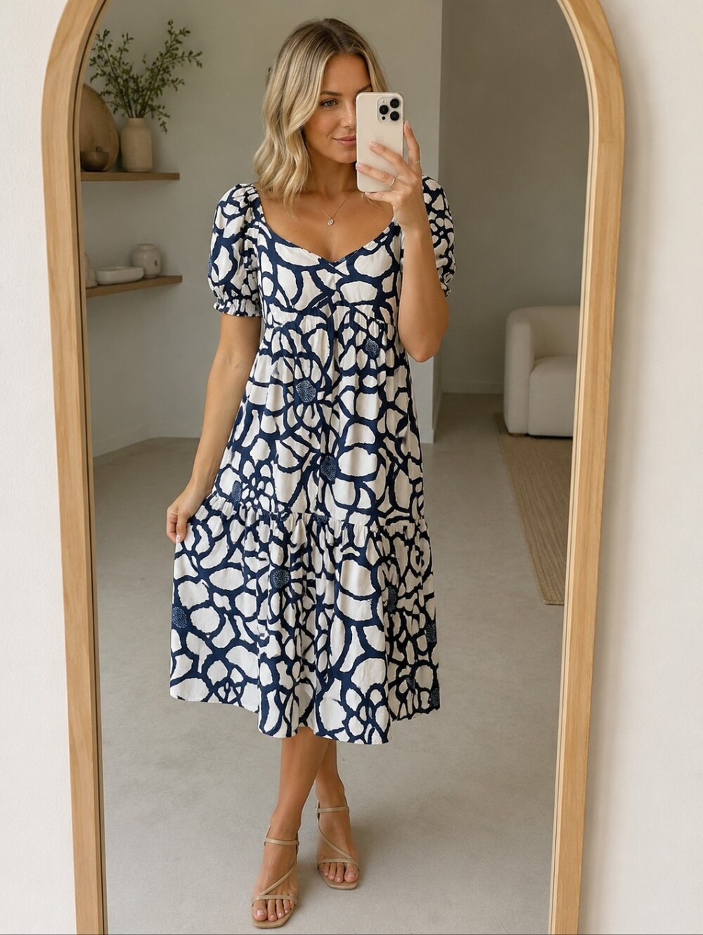 INC International Concepts Navy & White Floral Puff Sleeve Midi Dress – Small